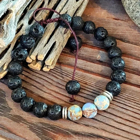 Handcrafted Chakra Bracelet Natural Blue and Tan Aqua Terra Jasper Black Lava - Picture 2 of 7